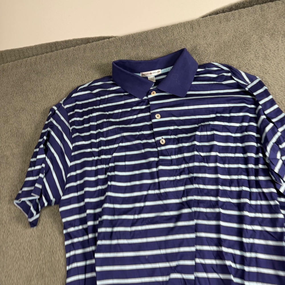 Peter Millar Mens Large Blue Striped Short Sleeve 100% Cotton Polo Shirt